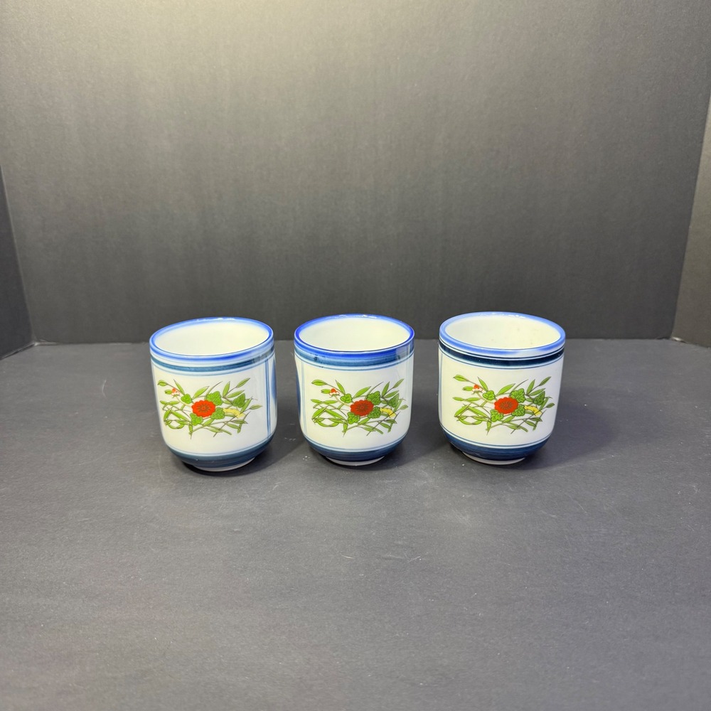 Set of 3 Arita Ware Vintage Japanese Yunomi Porcelain Tea or Sake Cups VTG 1980s